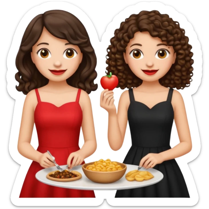 Two girls eating, one brunette with straight hair and another brunette with curly hair, emoji style, first girl has a black dress and the second girl has a red dress sticker