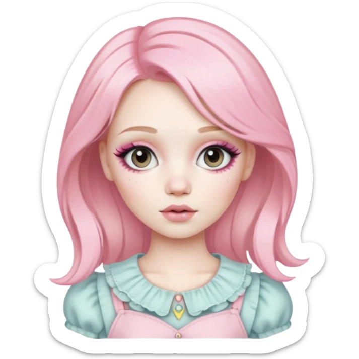 Blonde woman with pastel pink hair, pale skin, doll-like appearance, ThatPoppy music artist sticker