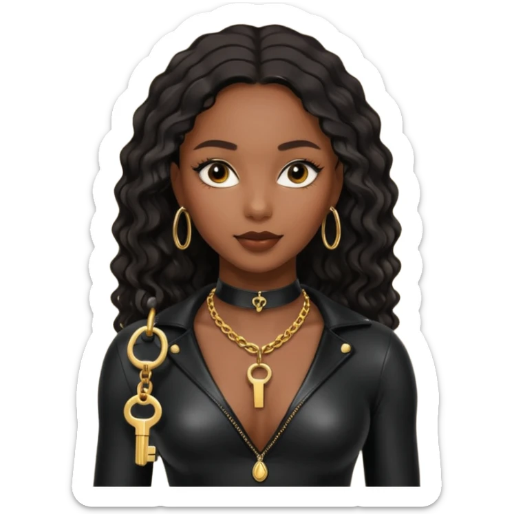 Moi belle femme métisse noire Dominatrice vêtue de Noir Cuir Latex sexy clé doré au cou sticker