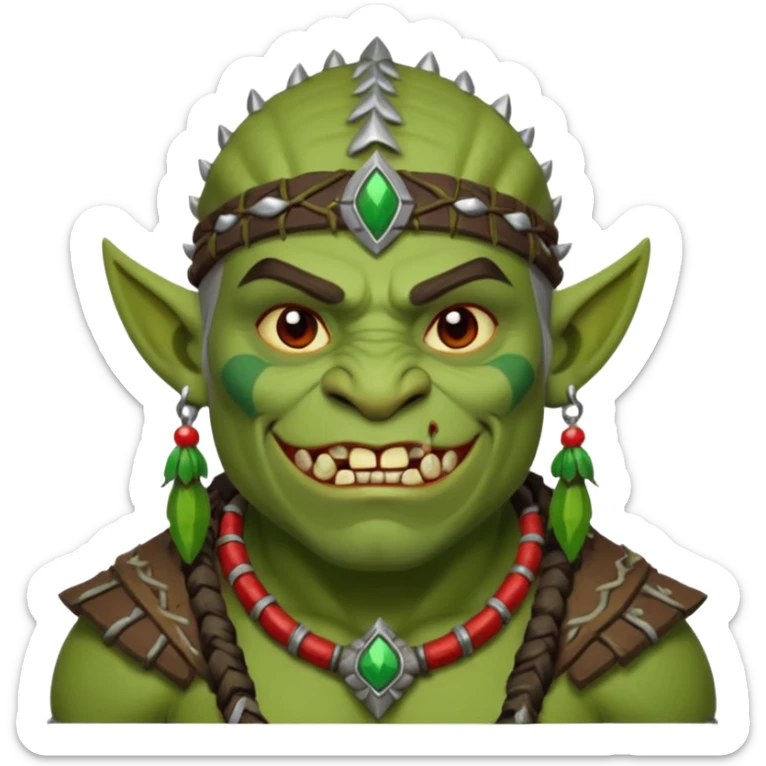 Christmas fantasy orc icon, winter feast chief theme, tribal ornaments, joyful brutal expression, festive winter atmosphere, stylized emoji portrait, male/female variant
 sticker