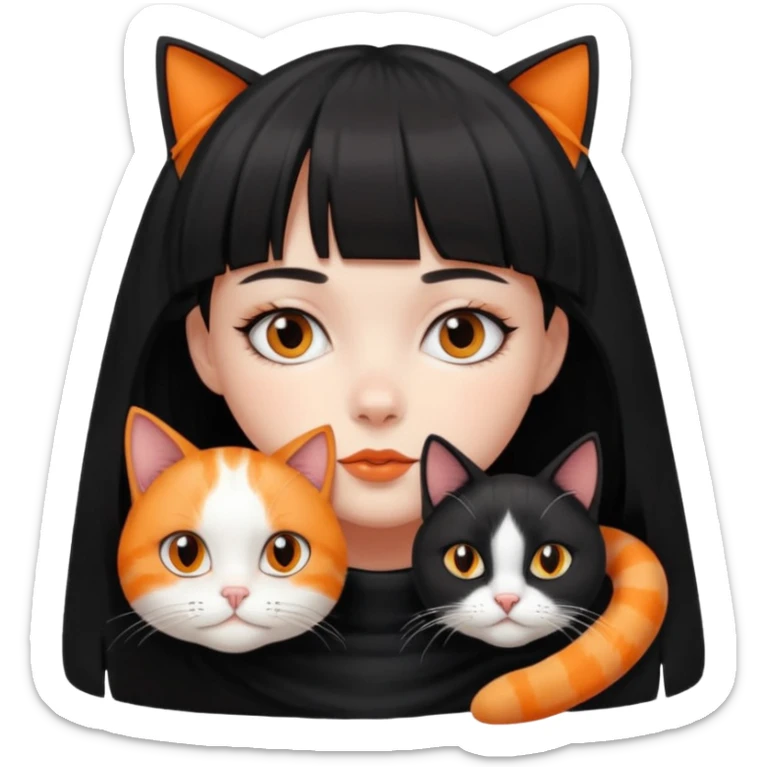 a girl with a short black curtain bangs hair and with her 2 cat color white black cat and orange white cat laying on her neck sticker