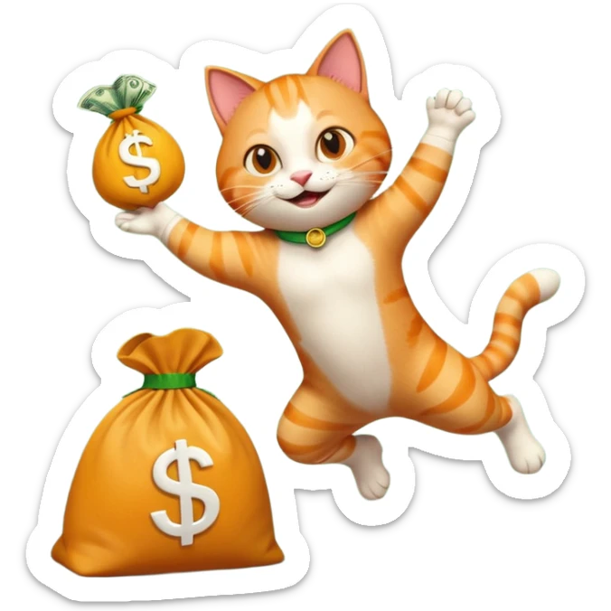happy cat leaping into a modern money bag with a dollar symbol, emoji style sticker
