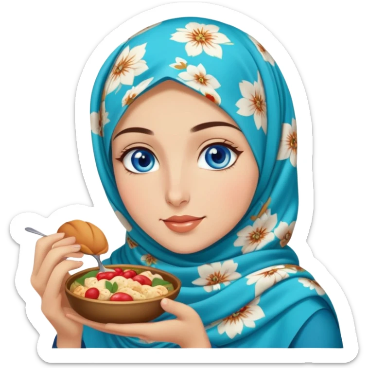 Turkish beautiful finish Konya girl blue eyes with floral hijab islamic dress and she’s savouring delicious food face sticker
