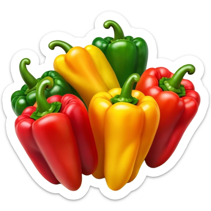 Cinematic bright colorful peppers, glossy and fresh, arranged in a vibrant mix of red, yellow, and green, warm glowing background, fresh and lively. sticker