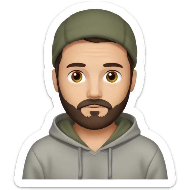 Uomo adulto con la barba capello moro occhi marroni metà busto e vestito con una felpa grigia e maglietta bianca sticker