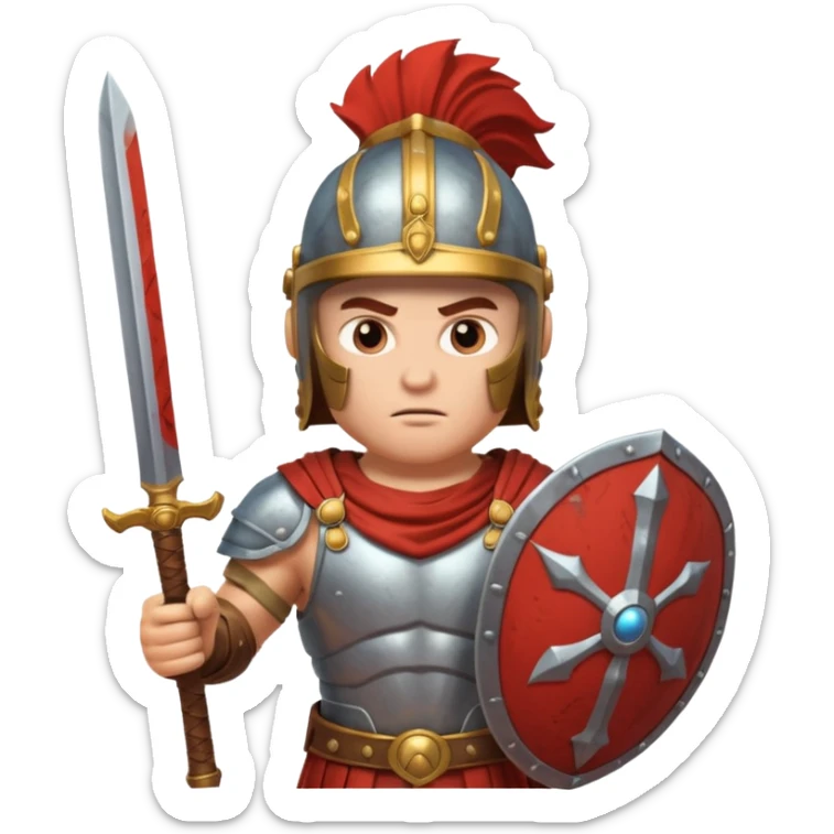 An emoji of the Roman god Mars. He is a warrior with a helmet and armor, holding a sword and shield, with a fierce expression. sticker