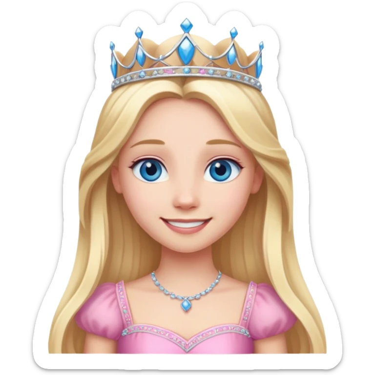 Princess with blue eyes, long blonde hair, tiara and pink dress, smiling sticker
