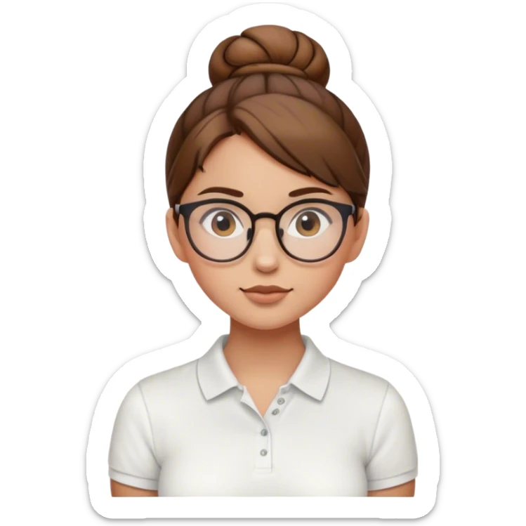 girl wearing white polo brown hair in a bun and wearing eye glasses sticker