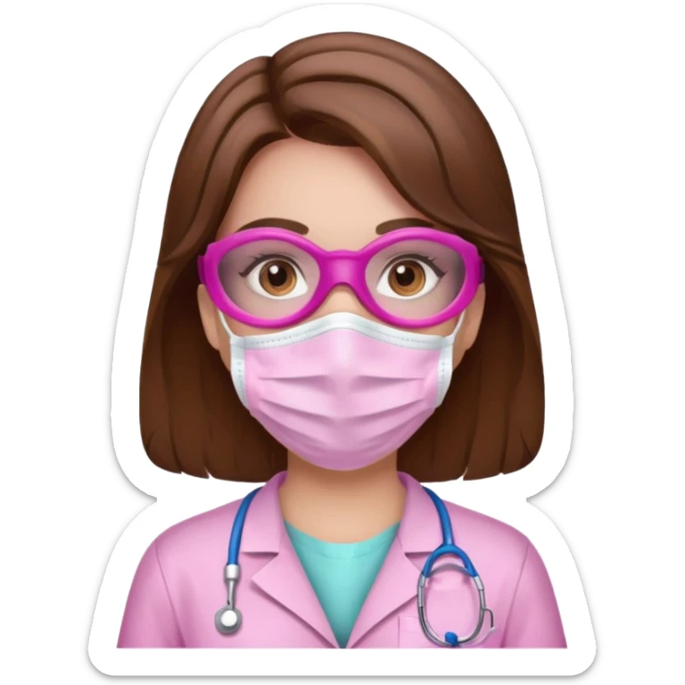 Dentista mujer con mascarilla rosada, cabellos marron, piel blanca, camisa rosada, ojos marrones sticker