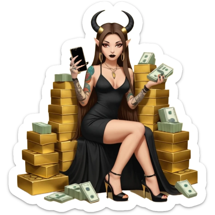 Sensual seductress long brown straight haired sexy drug lord woman with tattoos on arm sleeves and black gold platform high heels on her feet,  and devil black horns on her head, holding a stack of cash, has a phone in other hand. Sitting on gold cases full of drugs, long black dress with sexy slit sticker