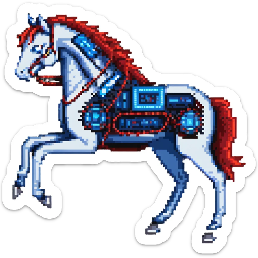 fast electric horse made of electricity, metal plates, bolts, visible blue and red wires, lightning coursing through its body, cybernetic sticker