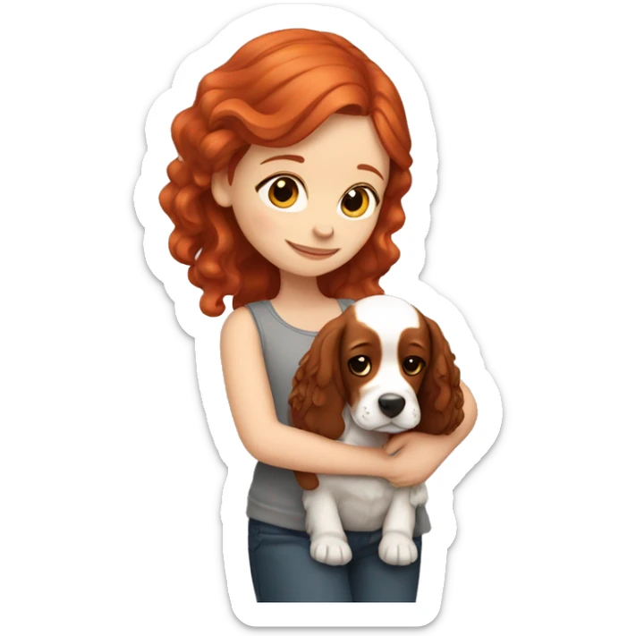 A very cute girl with red hair cuddling an English Cocker Spaniel. sticker