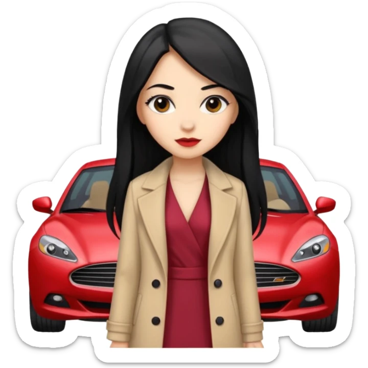A fast, expensive black car with a young woman beside it The young woman has long black hair, wears a beige formal coat, and underneath is a cherry-colored dress. With expensive blak caaar sticker