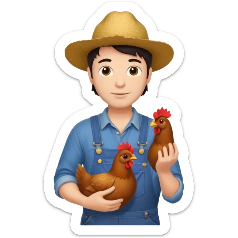 UN HOMBRE VESTIDO DE GRANJERO PIEL CLARA Y PELO OSCURO CON UNA GALLINA  sticker