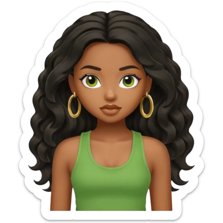 a pretty bratz brown girl with long wavy black color hair and green tank top on sticker