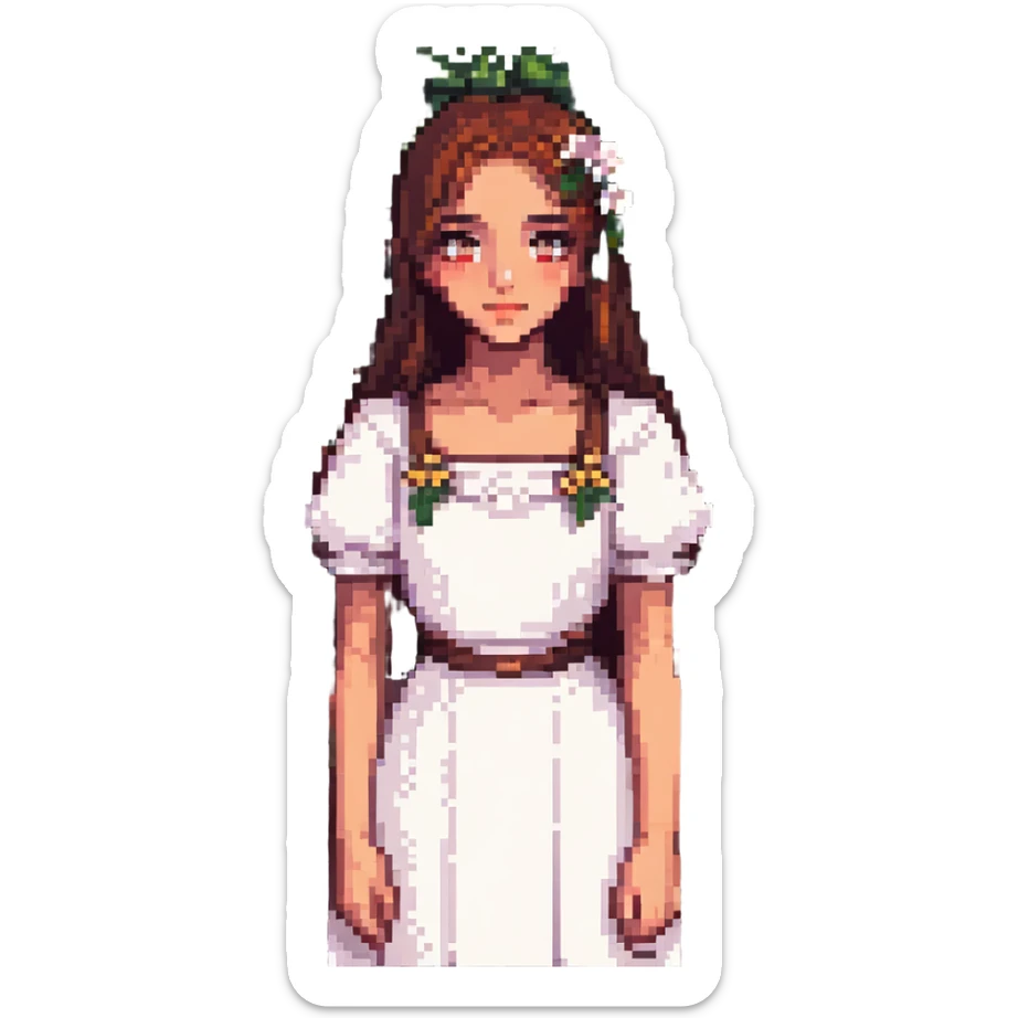 Change the girl's eyes to a rich brown color, keep the pixel art style and the flowery garden background. sticker