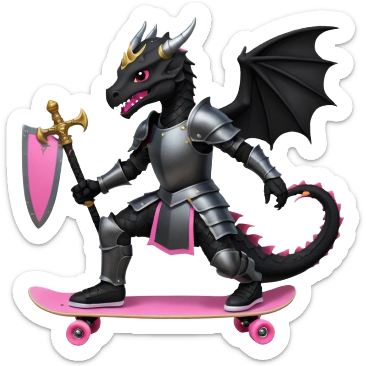 zwarte ridder met een zwarte zwaart en een zwarte schild met een zwarte draak op en hij skate met een roze skatebord en hij  zit tegen een draak te vechten sticker