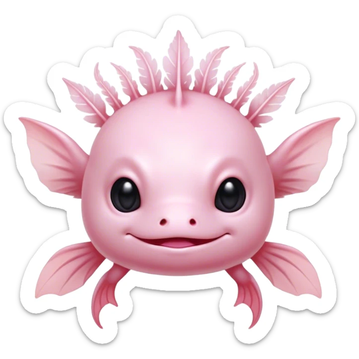 Cinematic Noble Axolotl Portrait Emoji, Poised and regal, with a slender, graceful build and smooth, pale pink skin adorned with feathery external gills, deep-set soulful dark eyes, Simplified yet sharp and sophisticated features, highly detailed, glowing with a soft, ethereal glow, high shine, intelligent and enigmatic, stylized with an air of aquatic elegance, focused and attentive, soft glowing outline, capturing the essence of a watchful and mystical creature, so majestic it feels as though it could glide out of the screen with effortless authority! sticker
