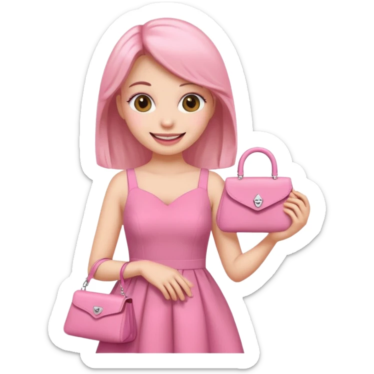 girly girl emoji, pink dress, long eyelashes, smiling, holding a purse sticker