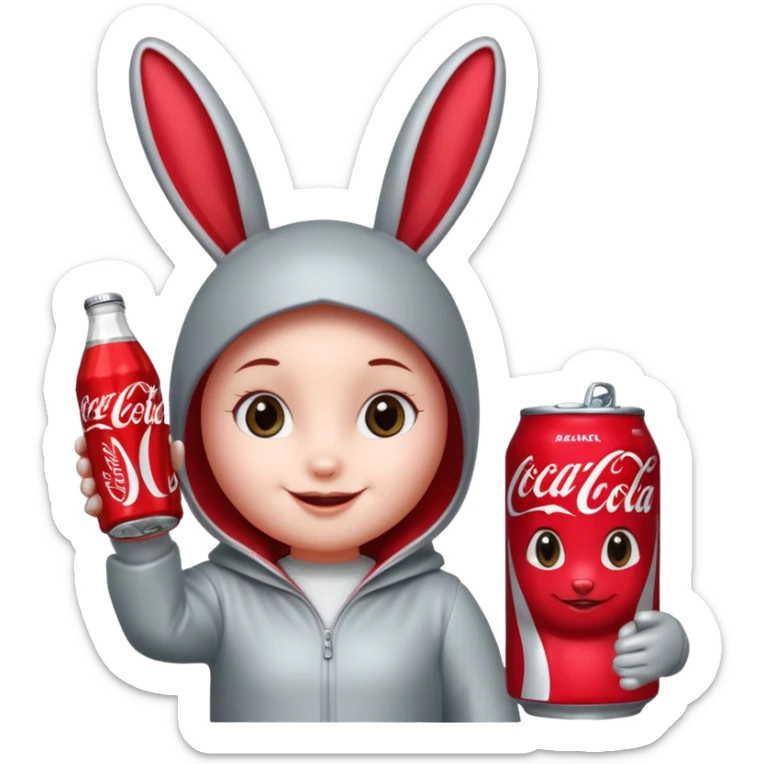 Red soda can as its head and a body resembling a bottle can . The can has large, friendly eyes and a smiling facial expression. The character’s bunny long ears are also red, and it has sliver accents on either side. The body displays the Coca-Cola logo prominently. sticker