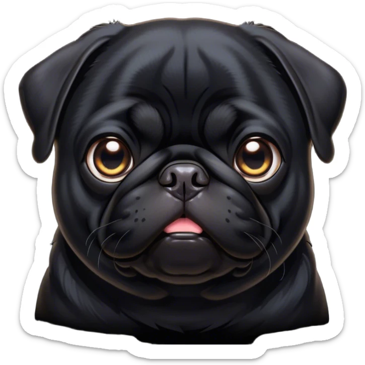 Cinematic Noble Black Pug Portrait Emoji, Poised and regal, with a compact, sturdy build and a sleek, shiny pure black coat, deep-set soulful dark eyes, Simplified yet sharp and sophisticated features, highly detailed, glowing with a soft, dignified glow, high shine, intelligent and spirited, stylized with an air of confidence, focused and attentive, soft glowing outline, capturing the essence of a watchful and commanding companion, so majestic it feels as though it could prance out of the screen with effortless authority! sticker