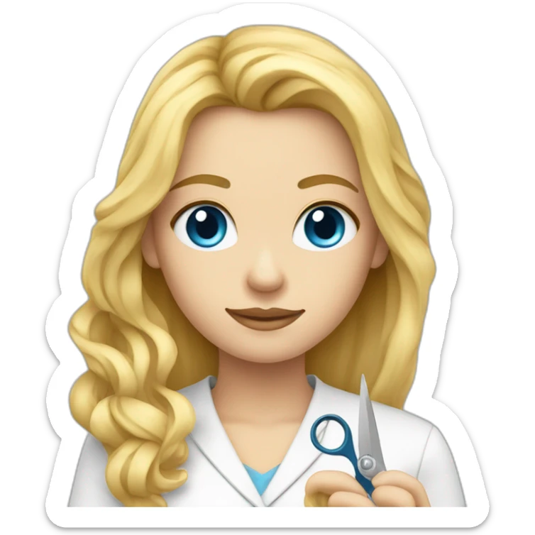 Blond long hair Woman tailor with metre around neck and scissors in her hand blue eyes sticker