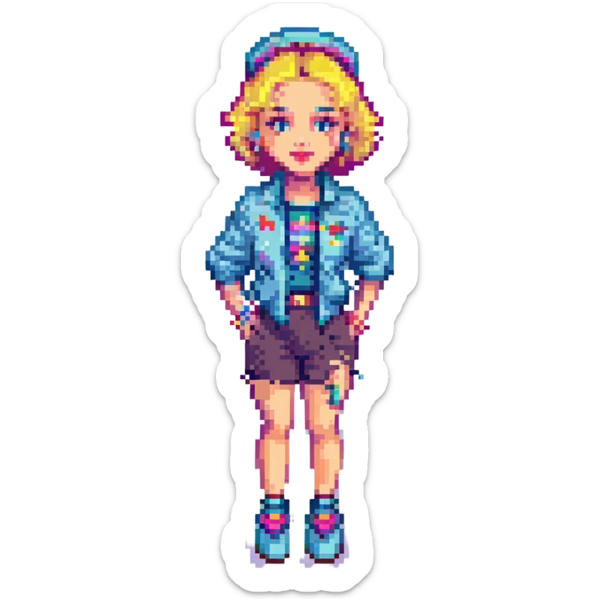 Madonna inspired by 'Borderline', pixel art style, 80s outfit, short hair, bright accessories sticker