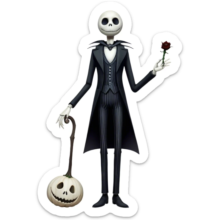 Full body view Cinematic 3D ultra realistic 32K HD image of Jack skellington, stunning detail as though captured in a timeless photograph, rich textures, visually rich, so lifelike that it feels like it could leap off the page at any moment sticker