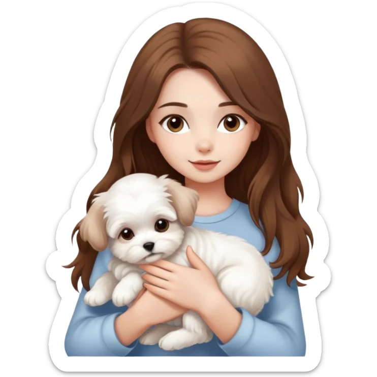 beautiful girl with long hair holding a fluffy white Maltese puppy sticker