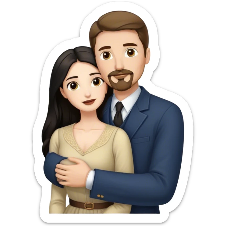 tall white man with brown hair goatee mustache hugging a pale woman with long black hair, wearing elegant clothing sticker