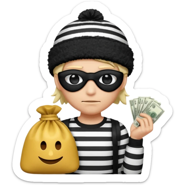 a short ios emoji-style portrait of a classic burglar, a black eye mask and a black-and-white striped shirt. emoji-like hair, black winter-like hat, a bag of money 💰 with a dollar sign in a right corner, evil expression WITHOUT a hand  sticker