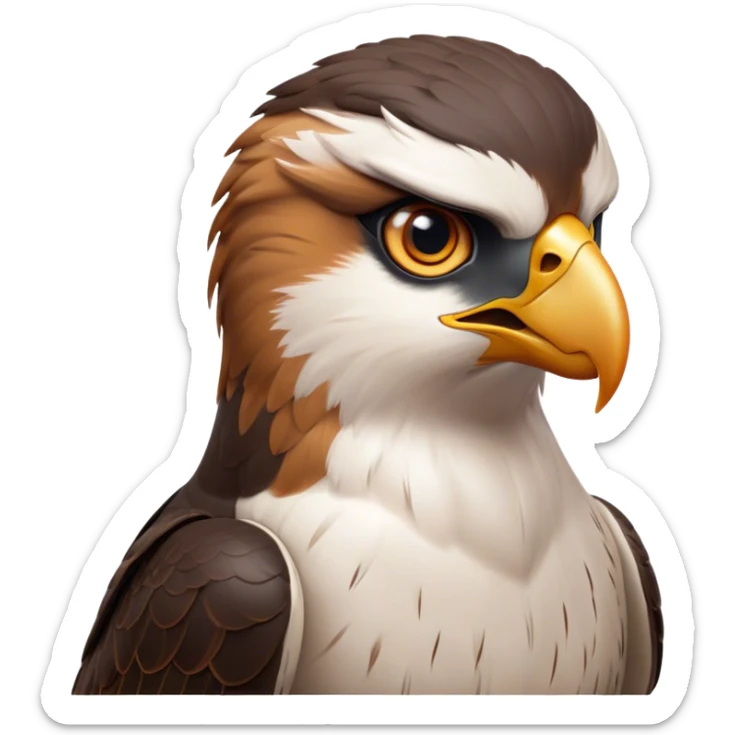 Cinematic Noble Falcon Portrait Emoji, Poised and majestic, with a streamlined, muscular build, a sharply hooked beak, and intense, piercing eyes that exude focus and speed, Simplified yet sharp and sophisticated features, highly detailed, glowing with a soft, amber radiance, high shine, intelligent and commanding, stylized with an air of aerial authority, focused and swift, soft glowing outline, capturing the essence of a watchful and confident falcon that appears ready to soar out of the screen with effortless power! sticker