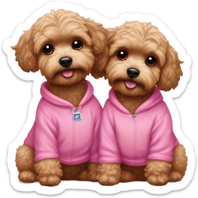 2 brown maltipoo dogs hugging, one wearing a pink sweatshirt and the other wearing a blue sweatshirt sticker