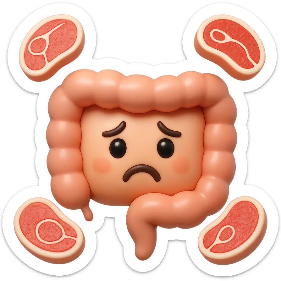 emoji stile iphone in 3d di un intestino triste con fette di carne che gli fluttuano intorno sticker