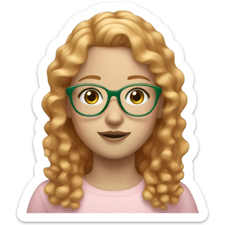 Girl with curly strawberry blond hair, pale skin, freckles, sage green eyes, and light pink glasses sticker
