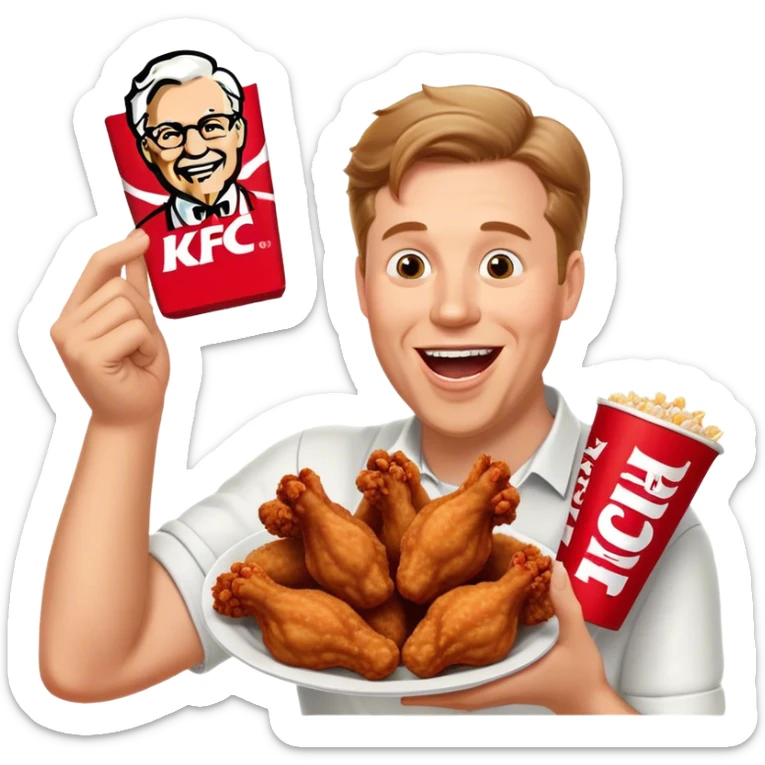 "Create an emoji of a white man holding KFC chicken wings with a happy and excited expression. Make sure to add the text 'KFC ABSOLUTE CINEMA ✋😮🤚' in large, bold letters, covering the entire screen and standing out clearly. This text must be included. Use a vibrant and expressive style." sticker