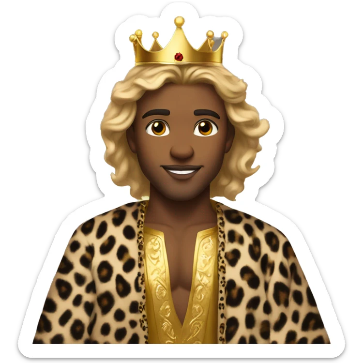 young king with dirty blonde flowing hair, hazel eyes, a gold crown, a cheetah print  robe and stubble sticker