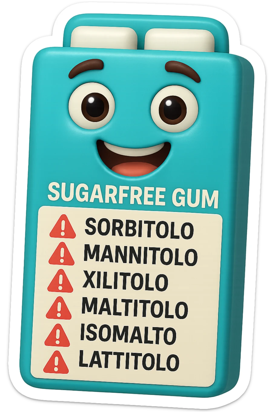 SU QUESTO STILE FAI UN EMOJI STILE IPHONE 3D DI UN pacchetto di gomme senza zucchero con ETICHETTA CON GLI INGREDIENTI SCRITTI, "sorbitolo, mannitolo, xilitolo, maltitolo, isomalto, lattitolo" accanto ad ogni nome scritto mettici un segnale di allarme, FALLO MOLTO REALISTICO IN 3D sticker