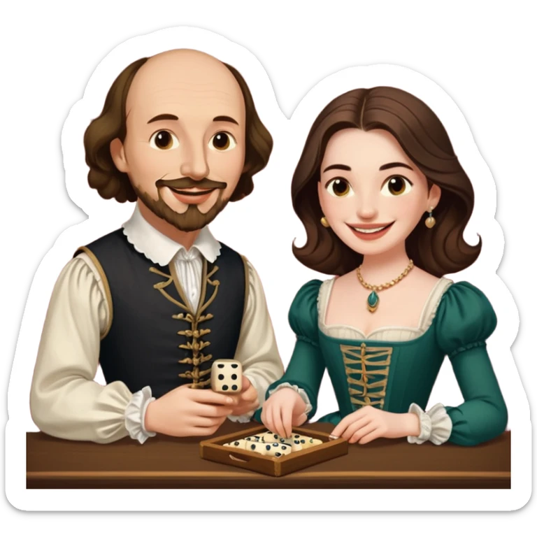 Can you make an emoji of William Shakespeare and Anne Hathaway (his wife-1582) playing Yahtzee  sticker