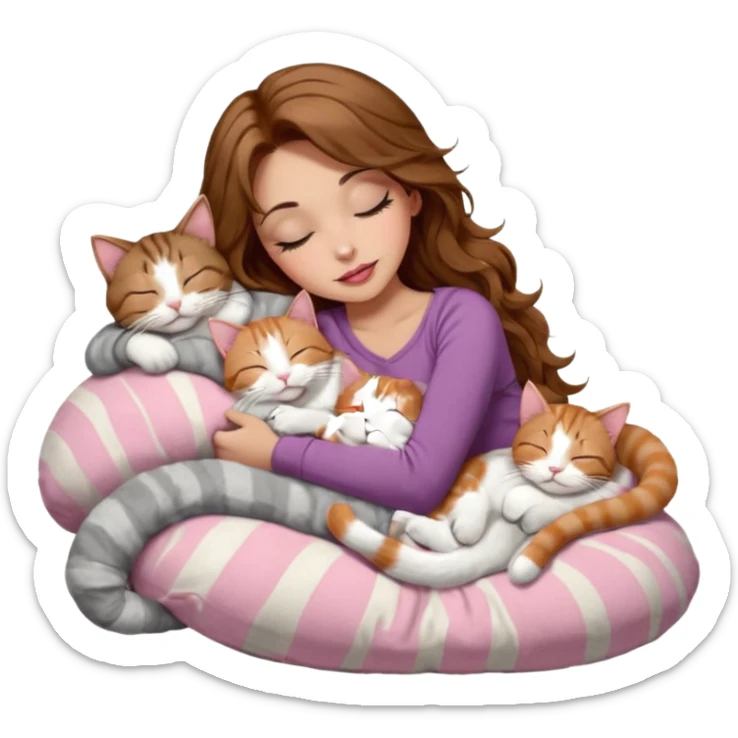 girl with long wavy brown hair, brown eyes, long lashes makeup, sexy pink lips, light to medium complexion,  sleeping on a cozy pillow, with 6 cats: 1 brown and white tabby cat, 1 ginger and white, 2 grey and white, 1 grey with white mittens and small white patch on chest and 1 calico, sleeping sticker