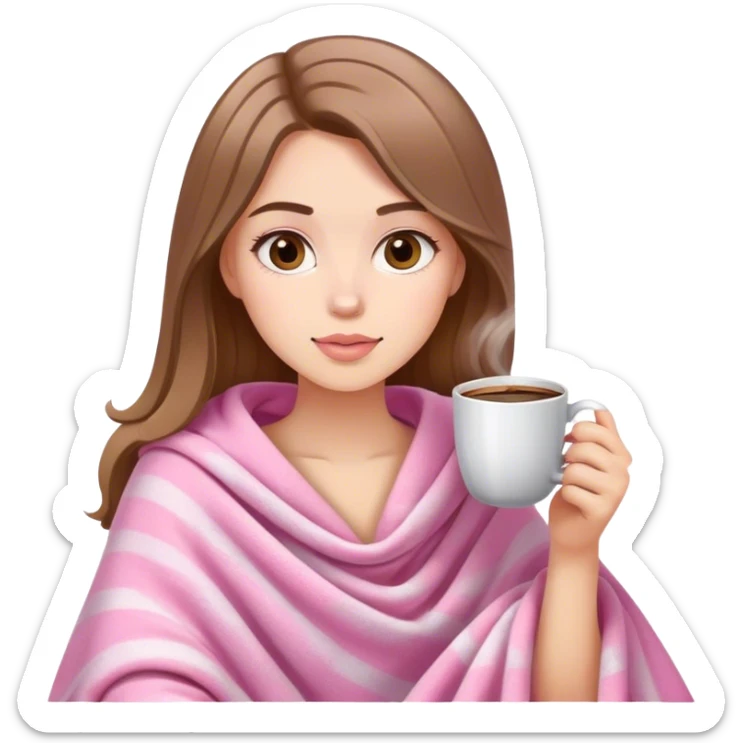 white brown hair pretty girl in a pink blanket sipping coffee sticker