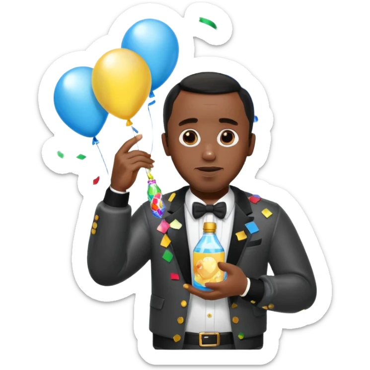 Diddy holding baby oil at a party with balloons and confetti and banners sticker