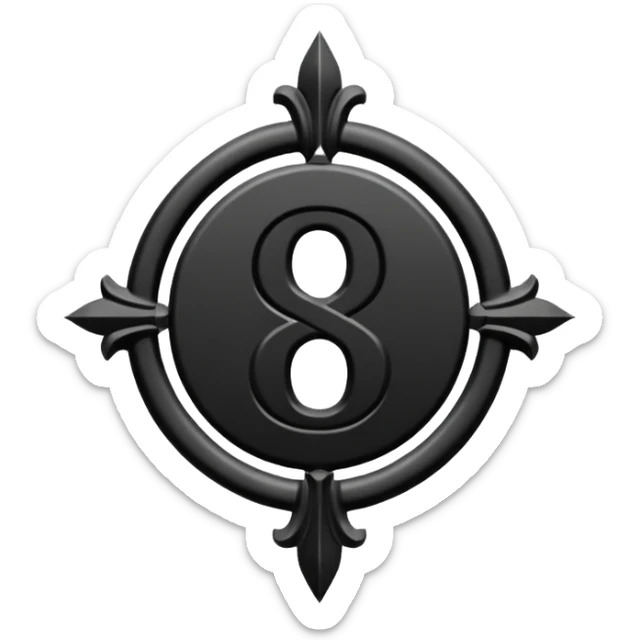 Emoji, avant-garde gothic emblem made of matte black metal, number 8 integrated into the word “FORTUNA”, luxury fashion symbol aesthetic, clean sculptural form, no glow, no neon, flat emoji style, centered, transparent backgroun sticker