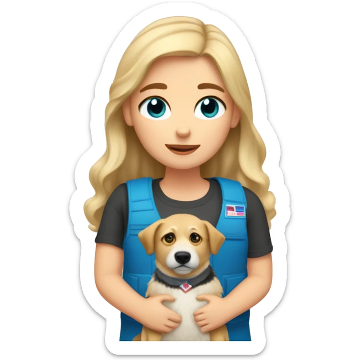 Girl with blonde hair and blue eyes holding a austalian shepherd dog stuffed animal that has a vest on that says emotional support  sticker