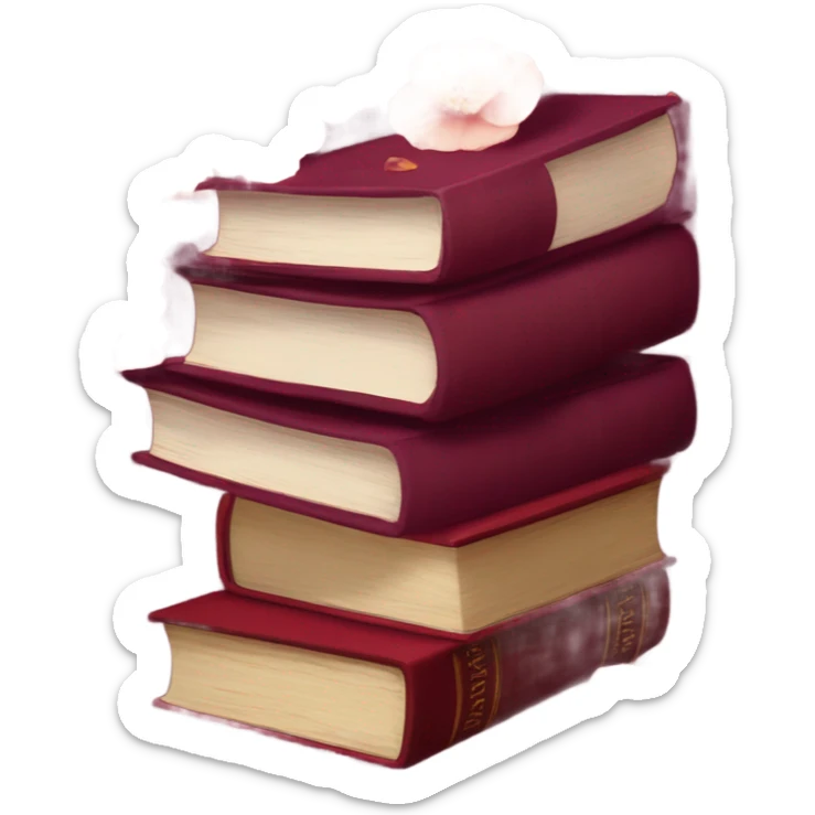 A burgundy book pile with deep red camellias and dried flower petals sticker