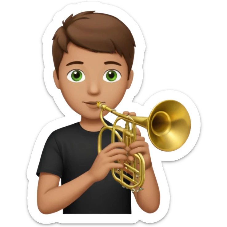 young man with brown hair that goes up, green eyes who plays a trumpet, black t shirt sticker
