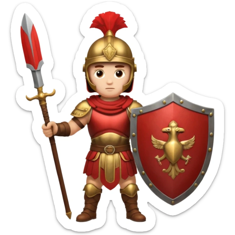 A strong Roman soldier in red-plumed helmet, bronze armor, and firm shield stance.
 sticker