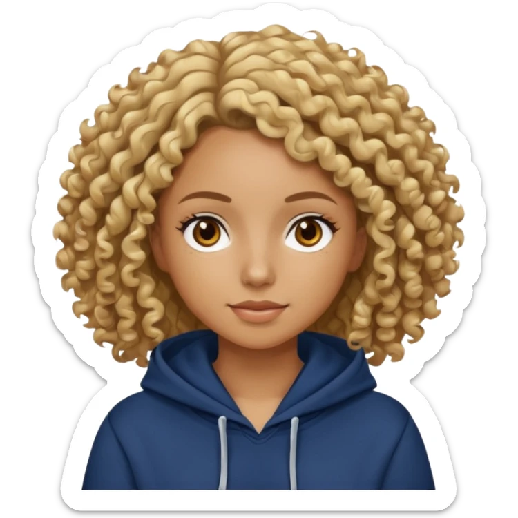 Woman with tan skin, curly hair with some blonde highlights, brown eyes, navy blue hoodie  sticker