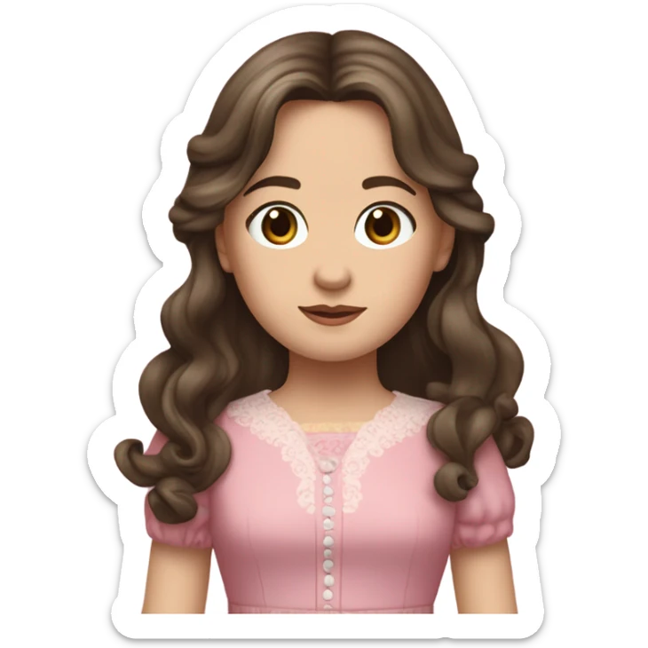 Carrie Ingalls pretty with long dark brown wavy hair realistic and detailed pink dress sticker