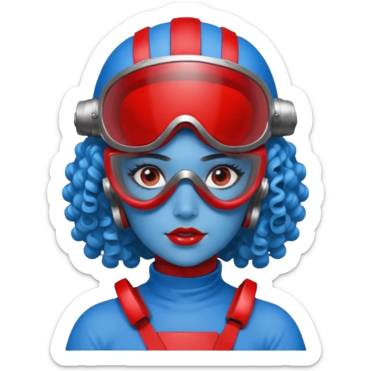 blue curly haired girl with huge earrings, wearing red paintball helmet and eye protection, only face  sticker